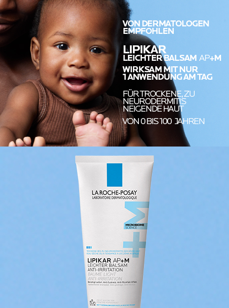 Baby und La Roche-Posay Lipikar Leichter Balsam AP+M Tube. Text: Wirksam mit nur 1 Anwendung am Tag.